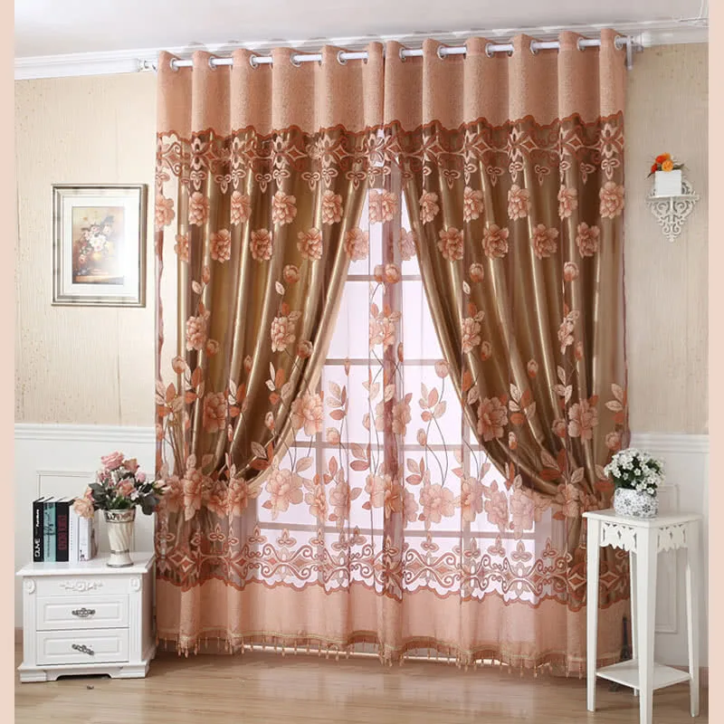 

2Pcs 100*250cm Elegant Luxury High-end Floral Pattern Window Curtains with Beads Door Voile Curtain Window Drape Divider Room