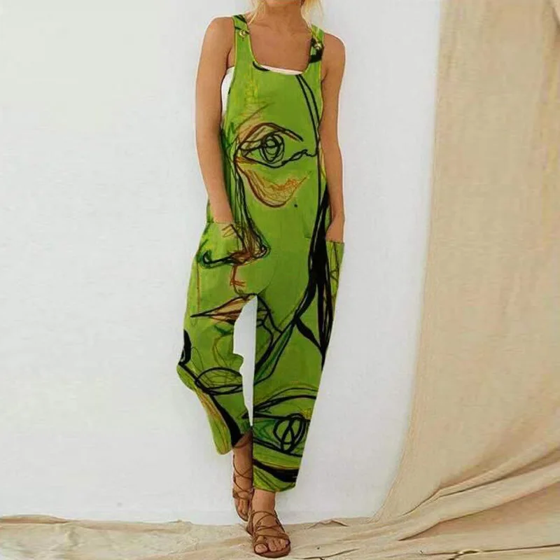 

2021 Women Vintage Print Jumpsuit Overalls Fashion Casual Pocket Loose Playsuits Summer Sleeveless Strappy Lady Rompers Bodysuit