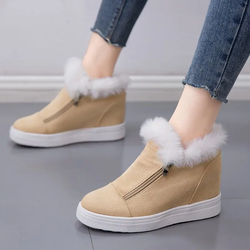 

Женские теплые плюшевые ботильоны, зимние дамские ботинки на молнии, обувь на плоской подошве для увеличения роста, женская повседневная об...