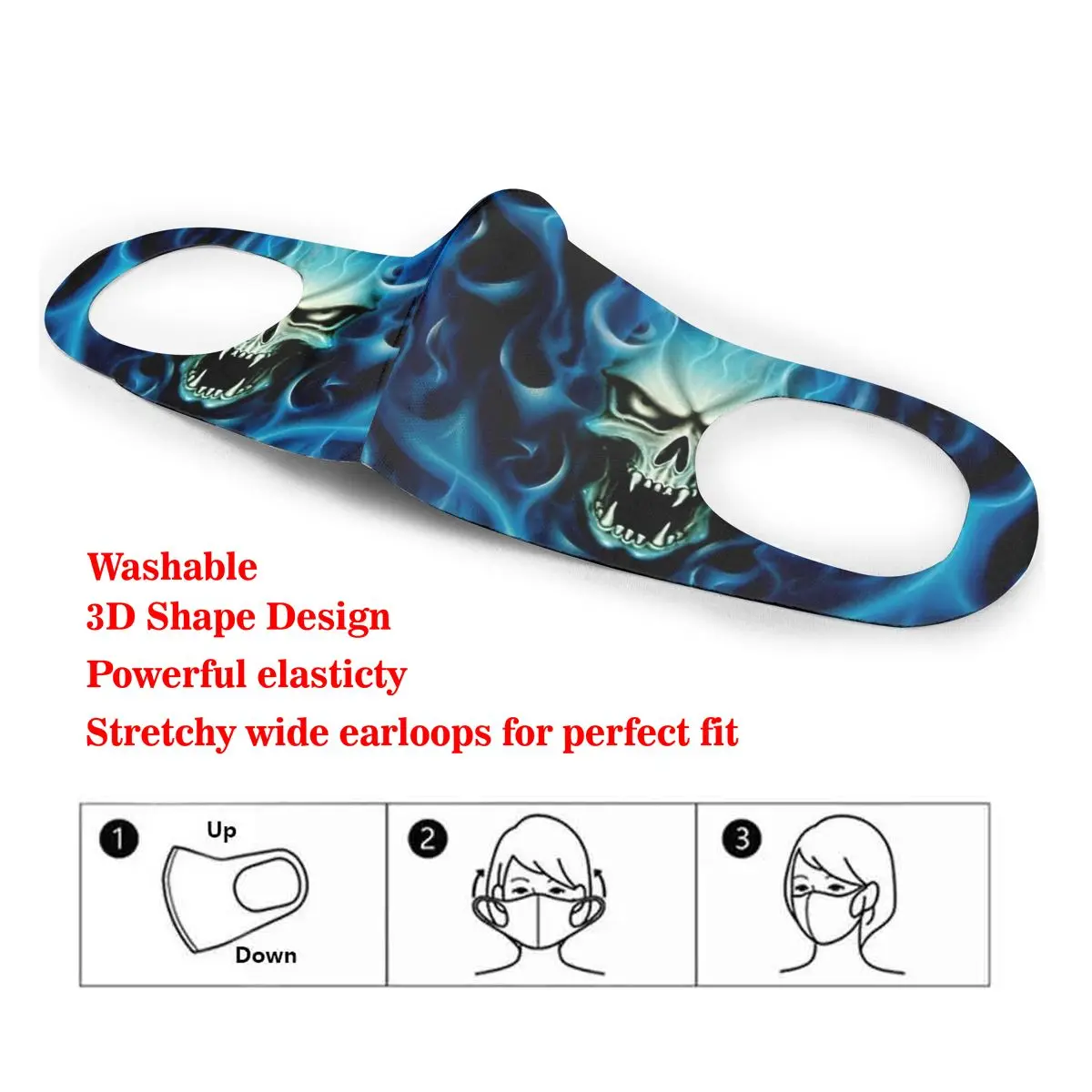 

Washable Earloop Mask 3D Blue Flame A Burning Skull Cycling Anti Dust Mouth Face Care Respirator for Summer