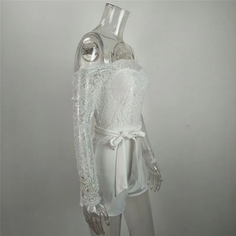 

Summer White Women Solid Long Sleeve Lace Skinny Jumpsuit Sexy Sashes Romper Strapless Off Shoulder Jumpsuits Lace Bodysuit