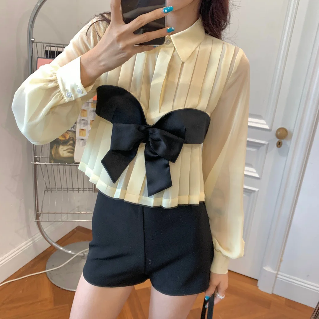 

SuperAen 2021 Black Bow Decoration Lantern Long-sleeved Pleated Chiffon Shirt Women Turn-down Collar Office Lady Shirt
