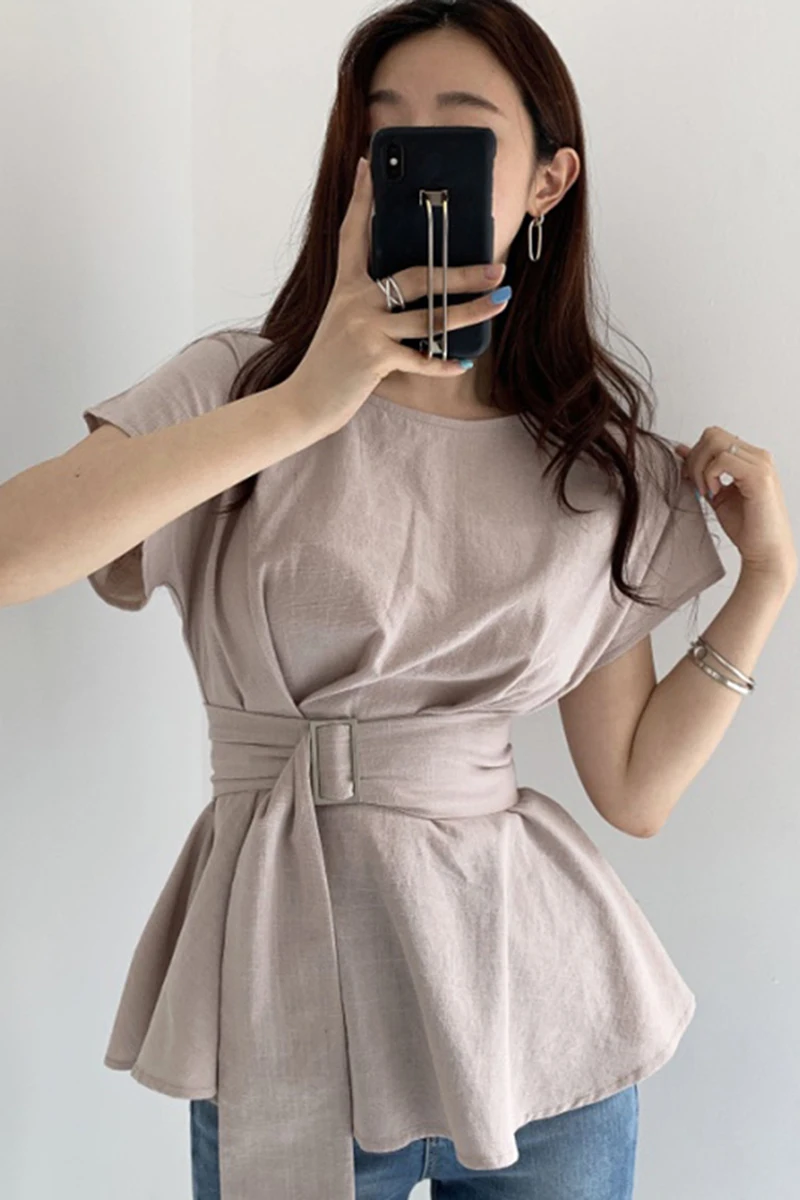 

Japan Korean Women Blouse Lady Work Wear Summer Short Sleeve Lace Up with Belt Black Casual New Chic Female Shirts Tops Loose