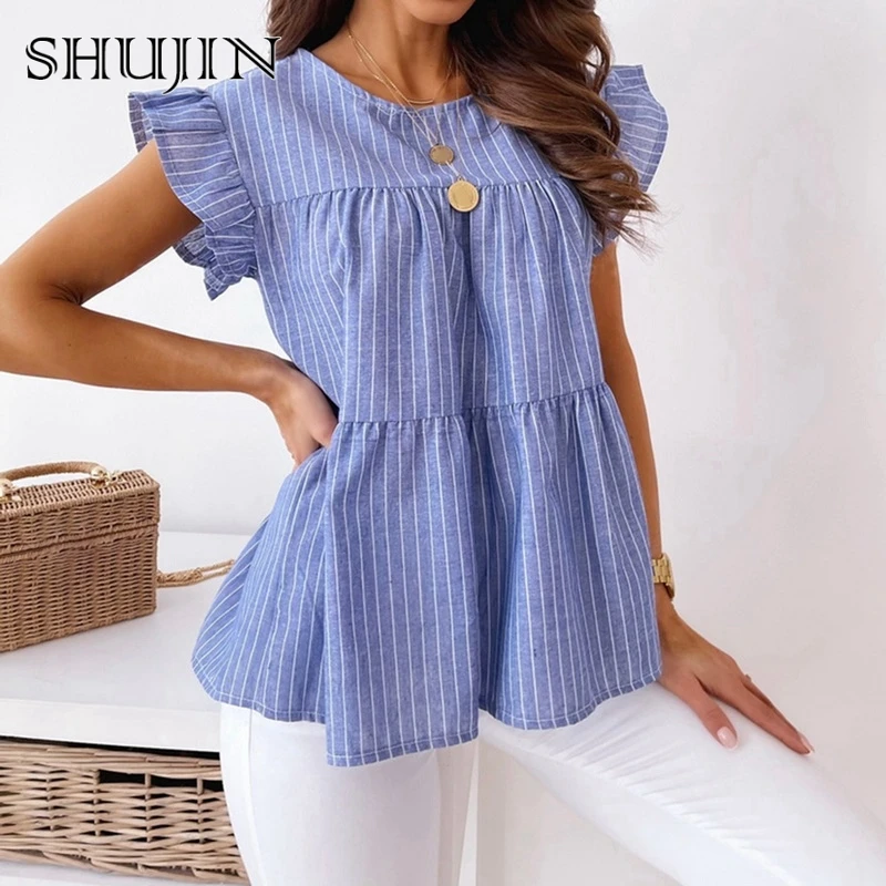 

SHUJIN Summer Women's Blouses Tops Blue Striped Ruffles Chic Jumpers Short Sleeve Casual O-neck Shirt Office Lady Clothes Blusa