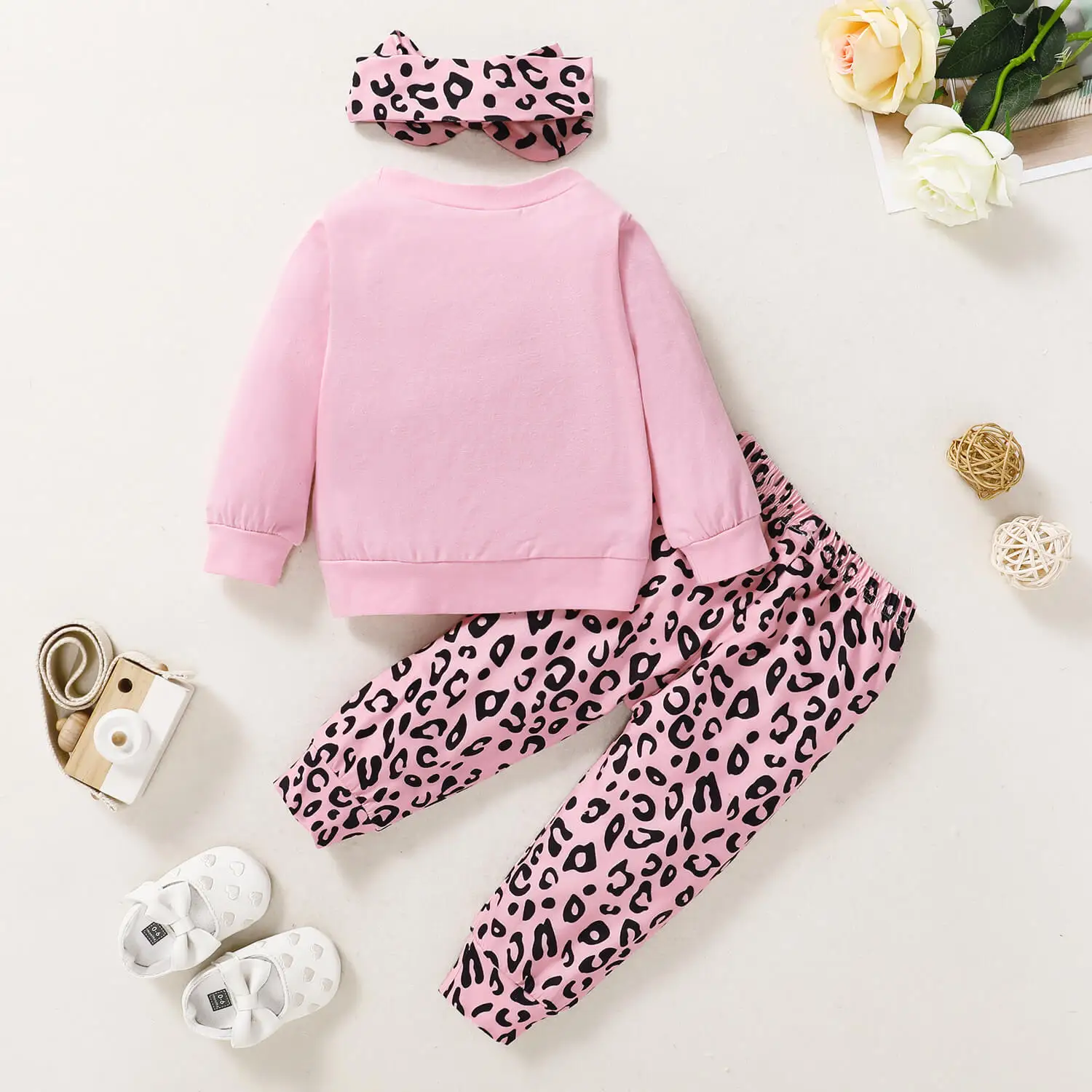 

3PCS Children Spring Outfits 18-24 Months Baby Girl Clothes Pink Daddy Says No Dating Top + Leopard Pants With Headband Sets