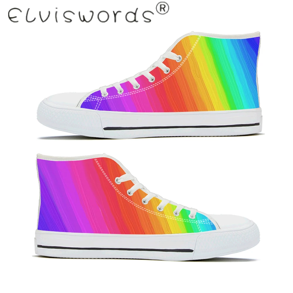 

Женские парусиновые кроссовки ELVISWORDS, Вулканизированная обувь, с принтом, белые, на шнуровке, для весны, градиент цвета радуги