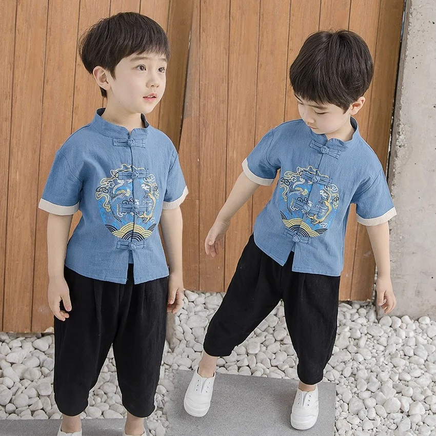 Китайская традиционная одежда для маленьких мальчиков Летний Новый костюм в