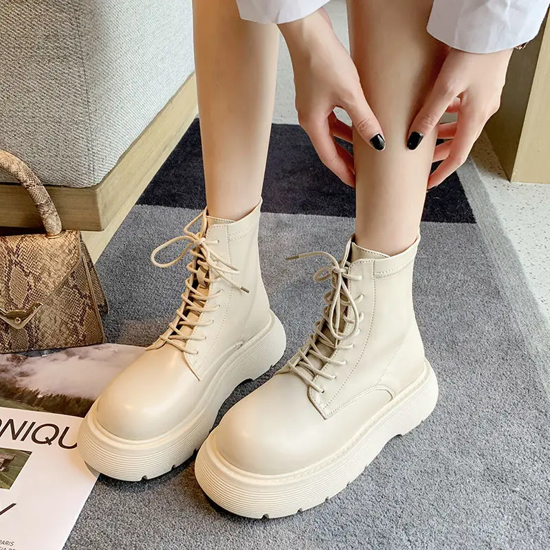 

HOUZHOU Woman Platform Ankle Boots 2021 Autumn Winter Gothic Leather Shoes Black Demonia Designer Lace-up Rubber Harajuku