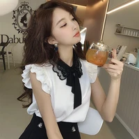 dabuwawa exclusive white bow neck blouse women sleeveless ruffle shoulder loose shirts tops office ladies summer do1bst013