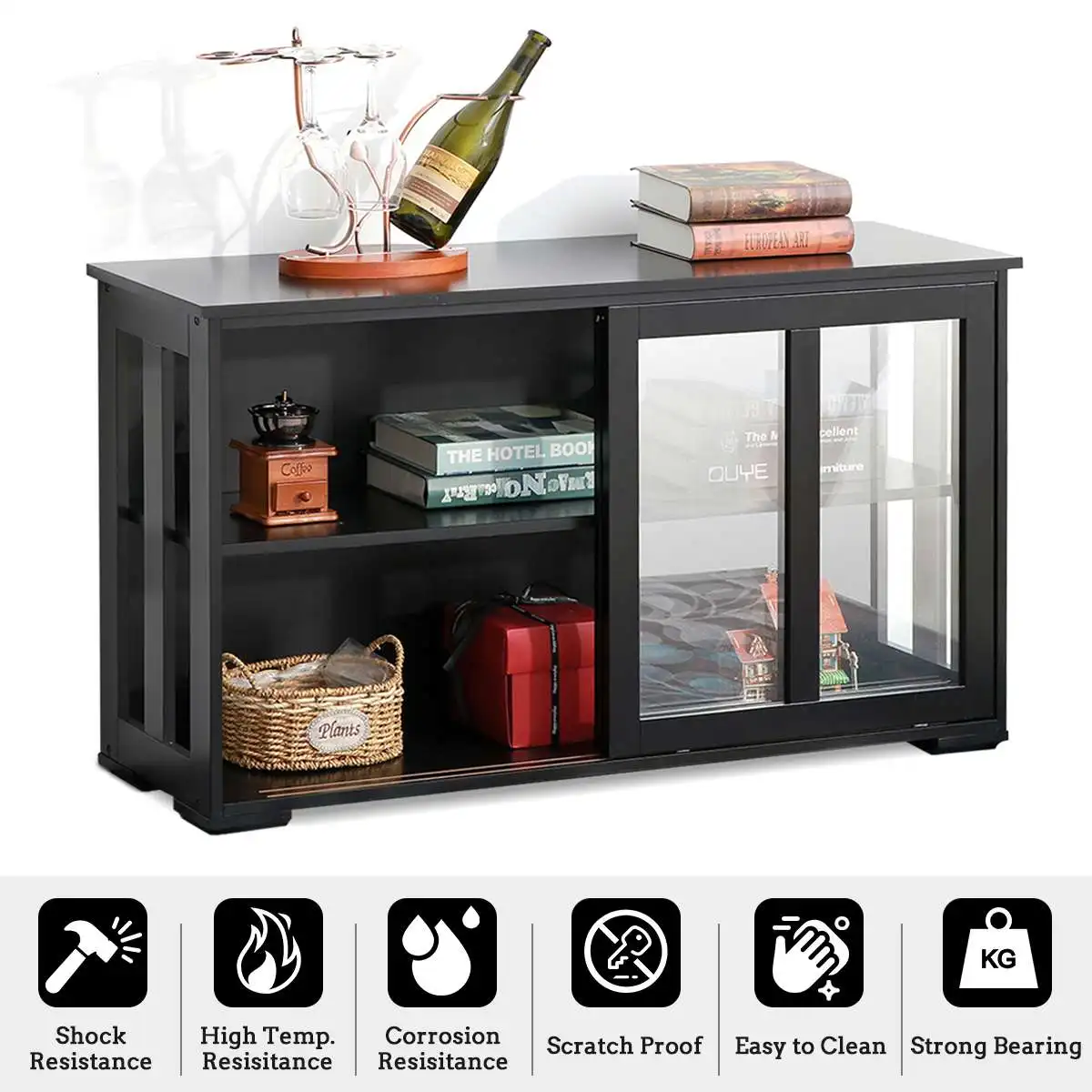 

Home Storage Cabinet Sideboard Buffet Cupboard Glass Sliding Door Sideboard TV Stand Kitchen Living Room 33x107x60cm