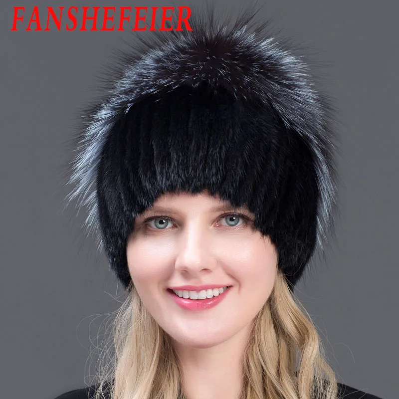 

JINBAOSEN Neue Mode Winter Hüte Für Frauen Real Nerz Hut Weibliche Patchwork Fuchs Pelz Mix Farbe Inneren Stricken Mützen warme