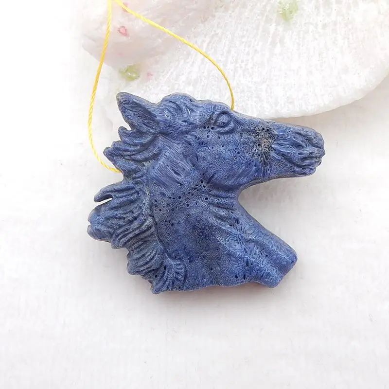 Customized Jewelry Semiprecious Stone Necklace Natural Stone Blue Coral Carved Horse Head Pendant Bead 42x39x9mm 23g