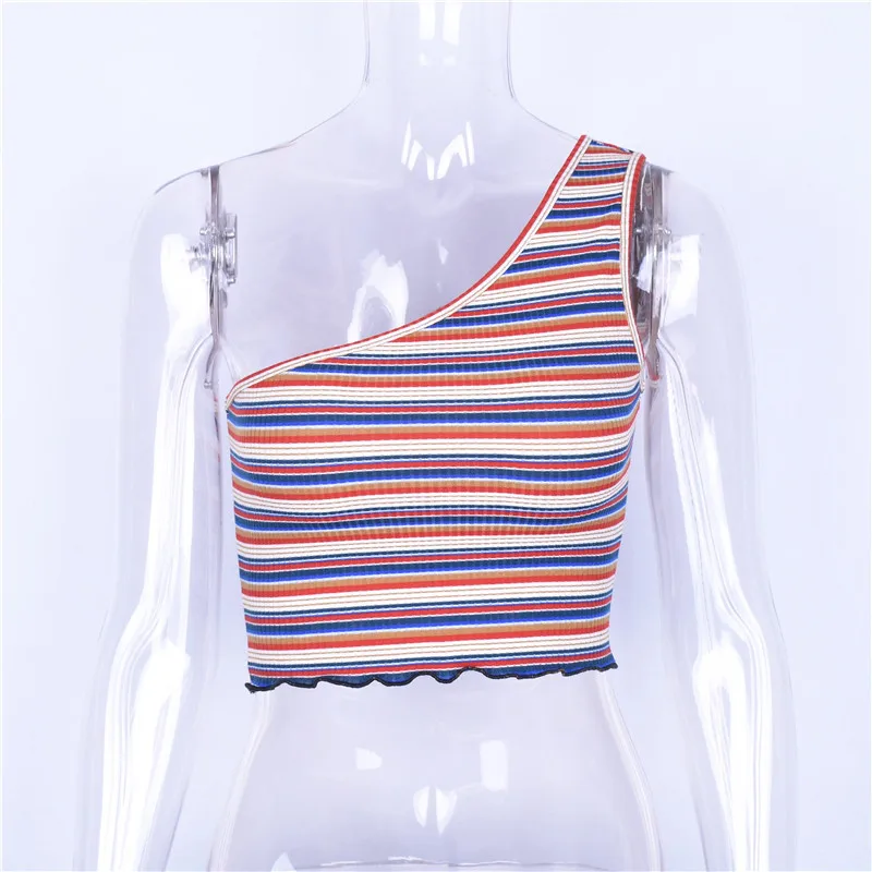 

rainbow stripes tank tops Sexy one shoulder crop tops Club party backless wear Summer ladies vest Fashion clothes