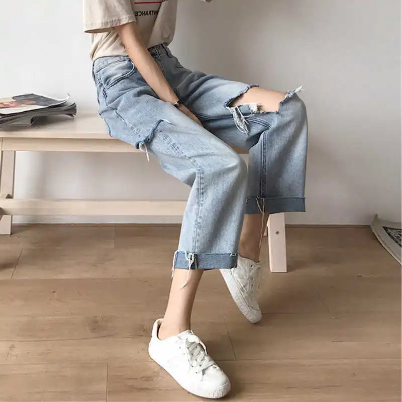 

Chic Hong Kong Style Beggar Jeans Women's Summer Jeans Elegant High Waist Loose and Slimming Design Ripped Daddy Straight-Leg