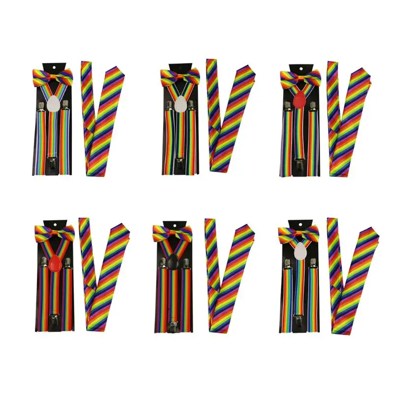 

Men Women 3 Piece Rainbow Striped Costume Set Y-Back Suspenders Bow Tie Necktie