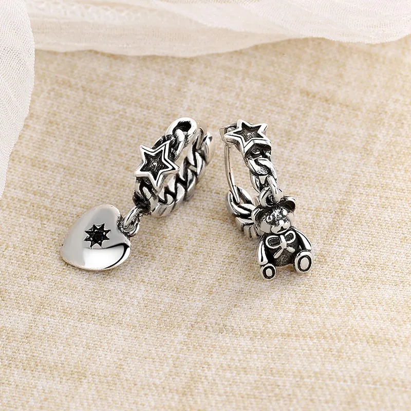 

Mewanry 925 Sterling Silver Hoop Earrings for Women New Vintage Asymmetric Bear Love Jewelry Party Birthday Gift Prevent Allergy