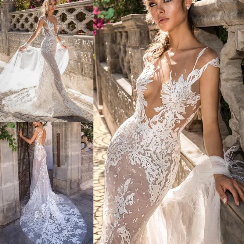 

Elihav Sasson Mermaid Wedding Dresses Sheer Neck Lace Bridal Gowns Vestido De Novia Cap Sleeve Beach Wedding Dress