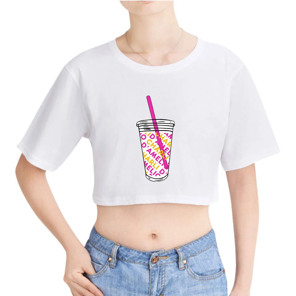 

Футболка Rholycrown с принтом льда кофе брызг пупка футболка Charli Damelio брендовая Футболка Harajuku для девушек сексуальный элемент хип-хоп топ для дев...