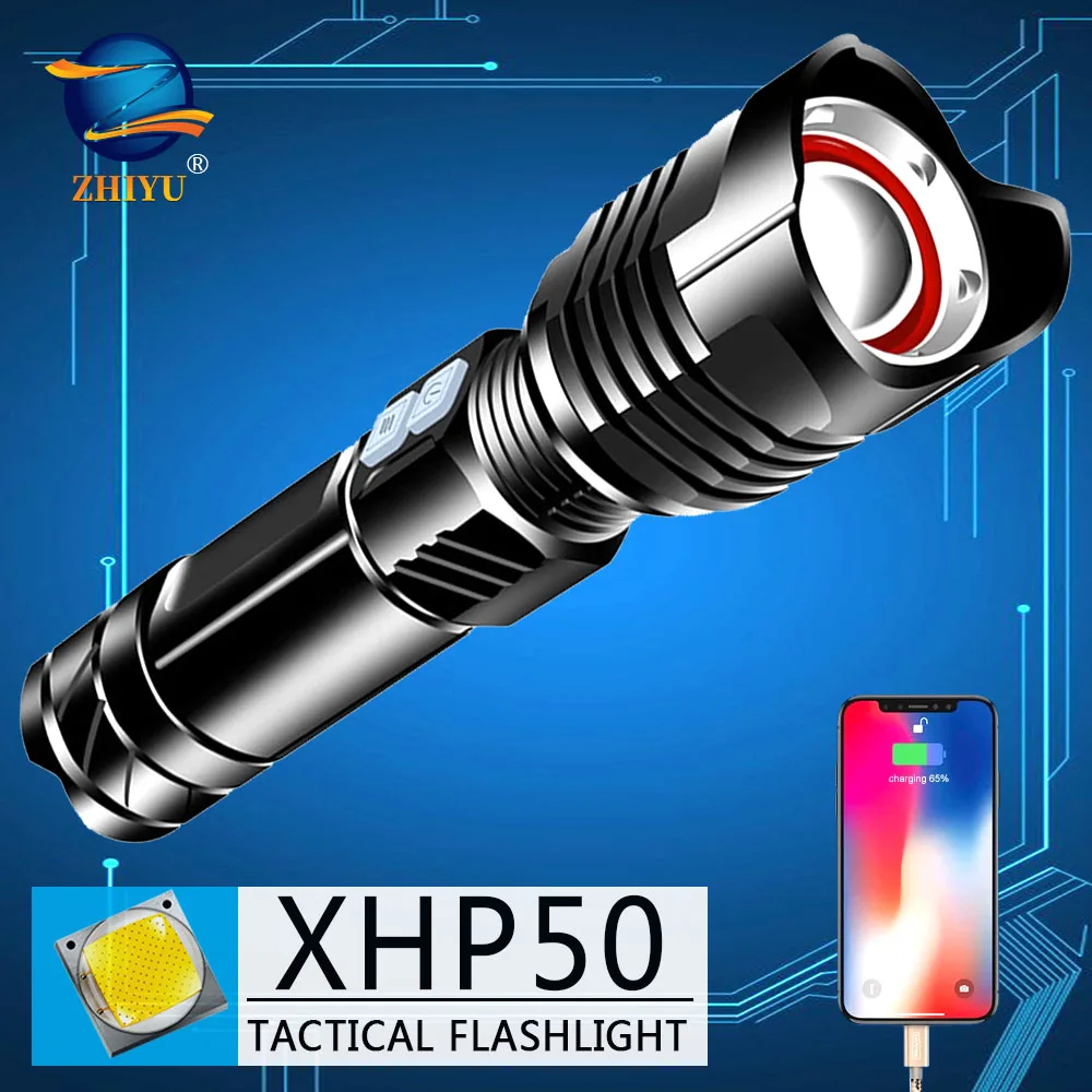 

ZHIYU самый мощный светодиодный фонарик USB перезаряжаемый светодиодный фонарь для использования 26650 аккумулятор XHP50 тактический фонарь ручно...