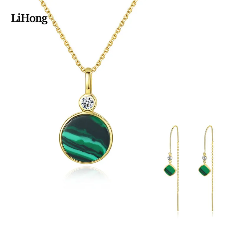 Женское колье из серебра 925 пробы с круглым кулоном Малахита|Ювелирные наборы| |