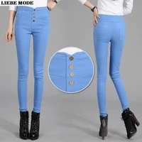 candy color high waist skinny slim pencil pants women button stretch leggings big size spring autumn pocket trousers teens girl