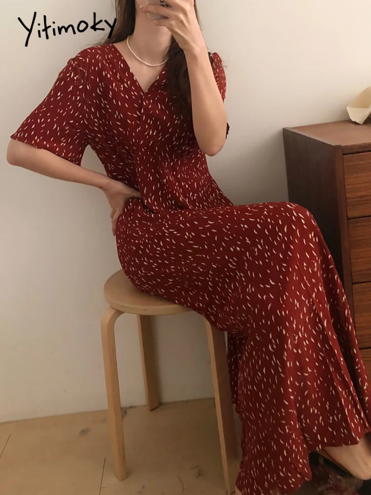 

Yitimoky Bohemian Floral Print High Waist Dress for Women 2021 Short Sleeve V-Neck Summer Korean Fashion Blue Red Black A-LINE