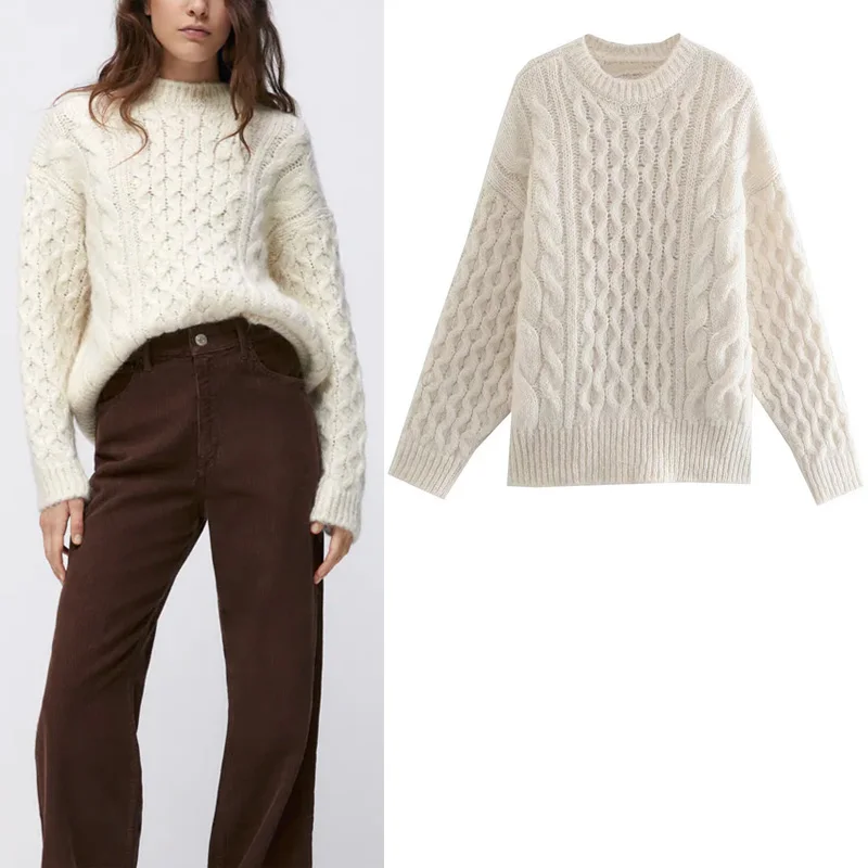 

Za Autumn Solid Color Knitted Woman's Pullover Sweater O-Neck Long Sleeve Thicken Sweater Vintage Female Warm Sweater Streetwear