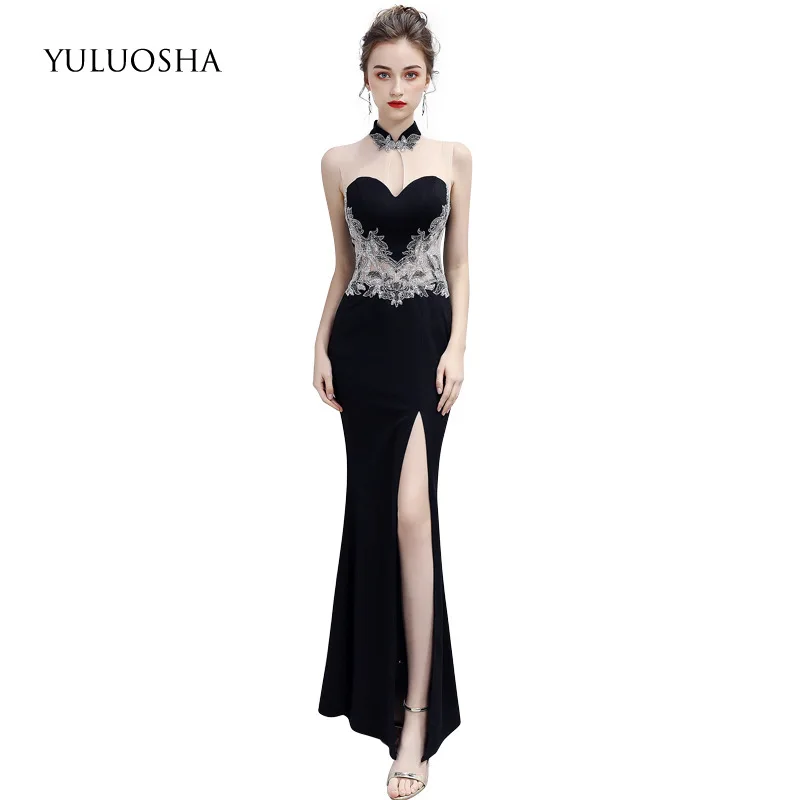 

YULUOSHA Long Dresses Evening Sexy Lace Appliques Lllusion Split Evening Party Prom Formal Gowns Dresses Vestidos Robe De Soiree