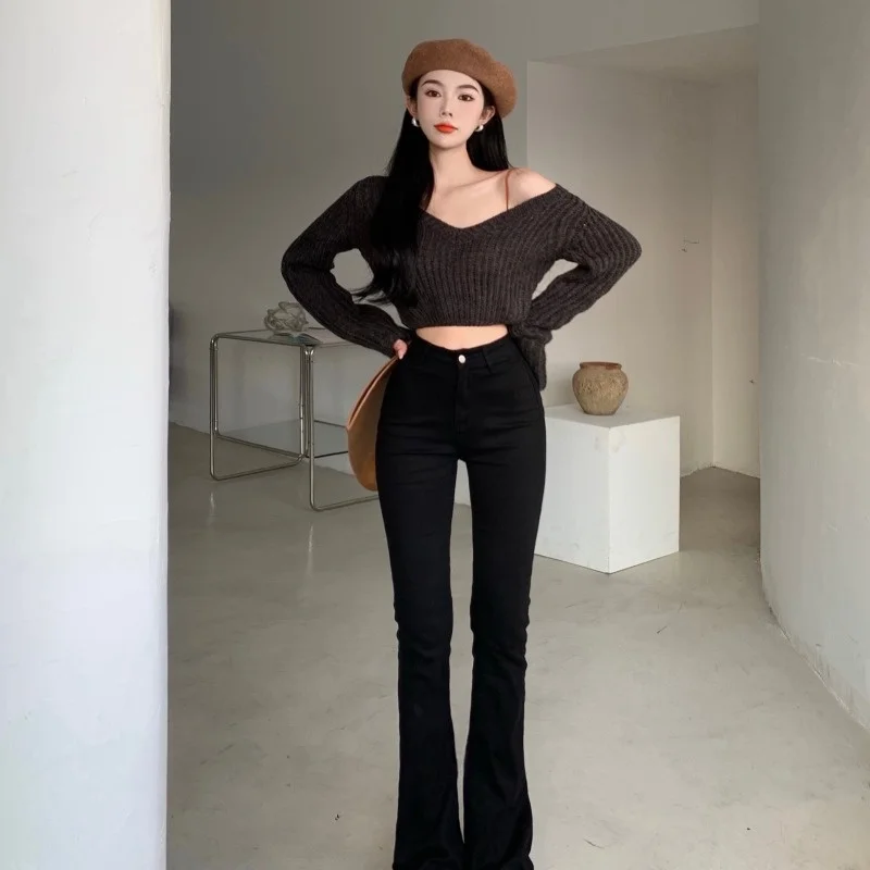 

Серый свитер, женская верхняя одежда, короткий укороченный свободный пуловер с V-образным вырезом, свитер, Осень-зима, чистый стиль Desire с дли...