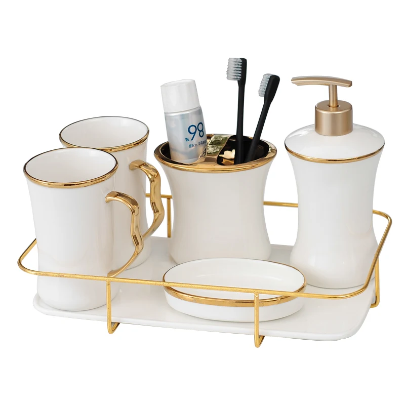 

Couple Wash Bathroom Set Toothbrush Holder Cup Ceramic Mouthwash Cup Dental Set Household 5PCS Bathroom Accessories Set LD139