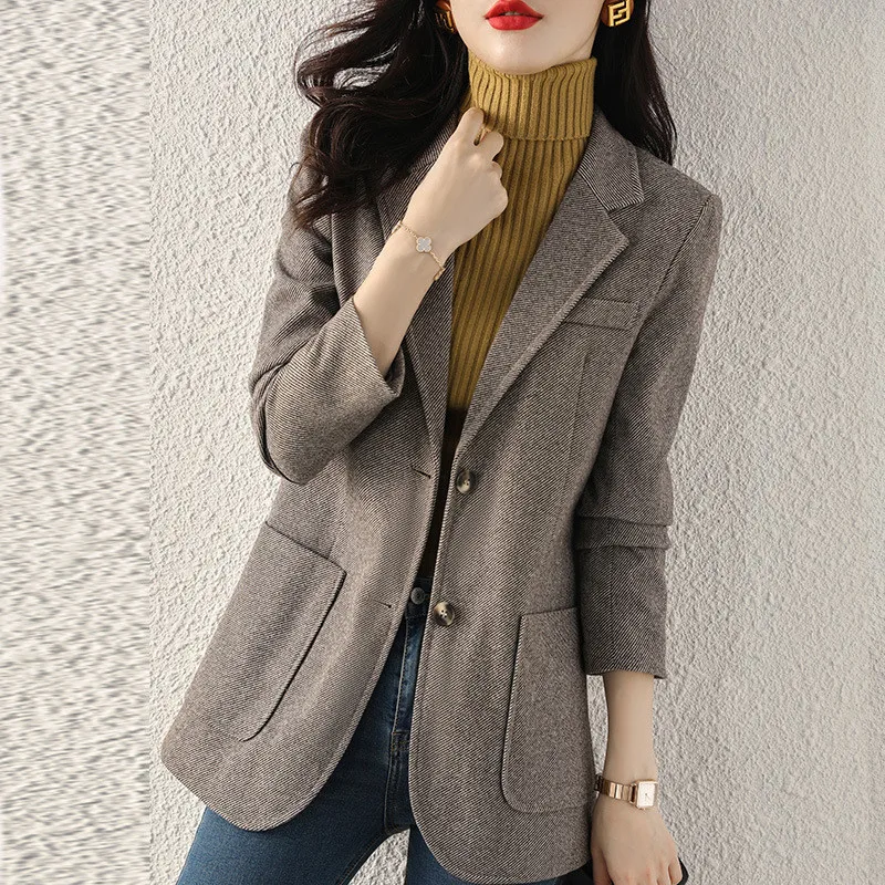 Новинка 2021 модный шерстяной Блейзер куртка Женский весенне-осенний кофейный