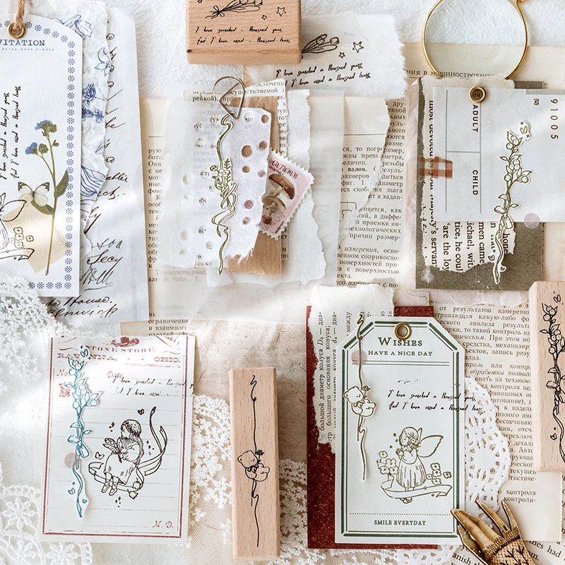 Винтажный тюльпан цветок лоза сказочный медведь декоративный штамп деревянные и