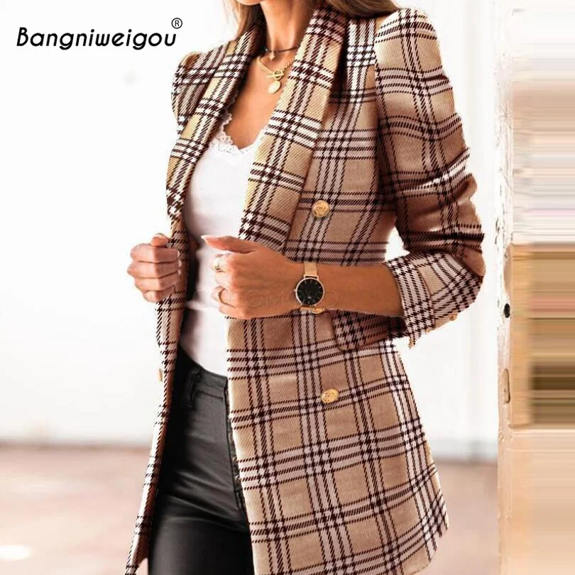 

Bangniweigou Lapel Collar Classic Plaid Blazer Women Autumn Winter Slim Fit Casual Suit Office Grid Jacket Khaki Black Coats