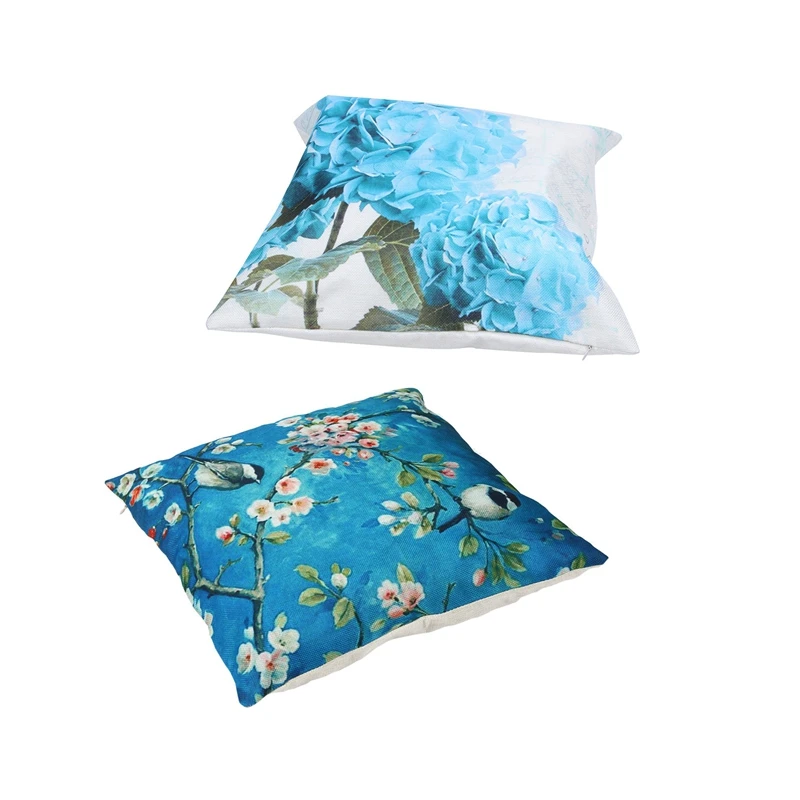 2 Pcs Car Sofa Cushions Pillowcase Cherry Blossom Branch Bird &amp Teal Hydrangea | Дом и сад