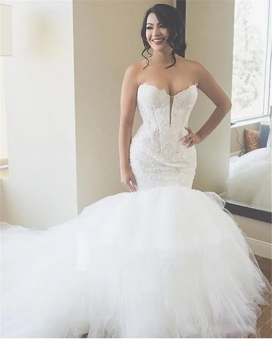 

Luxury Ivory Lace Mermaid Wedding Dresses 2020 Sweetheart Appliques Puffy Tulle Ball Gown Wedding Dress Plus Size Bridal Gowns
