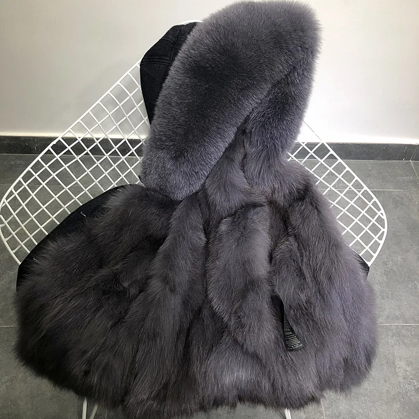 FOX DENIM Black Denim Jacket Katana Trimmed with Natural Fur Woman Parkas 2021 New Fashion Real Fox Fur Coat Oversized Fur Hood