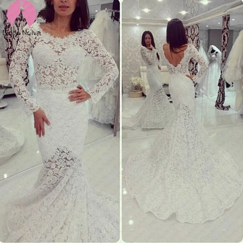Дешевые Vestido De Noiva 2019 индивидуальный заказ с длинными рукавами Кружева Русалка