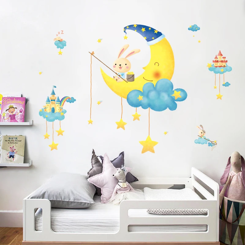 

Наклейки на стену для детской комнаты, с изображением Луны, кролика, самоклеящиеся виниловые наклейки на стену, украшение для детской комна...