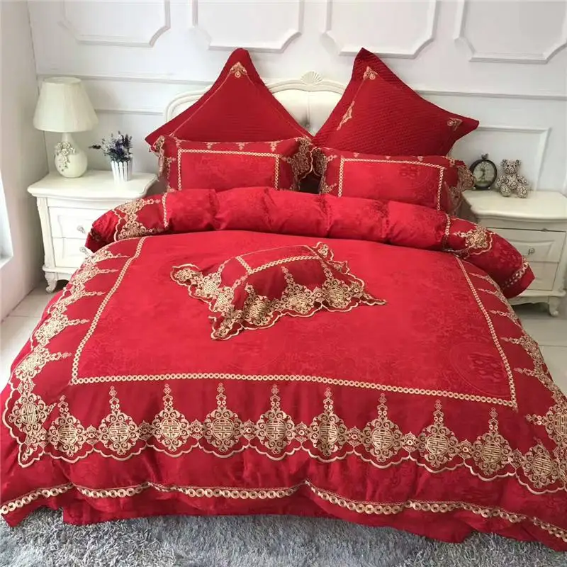 

4/6/7Pcs luxury Silk Cotton Jacquard eastern charm wedding Bedding Set lace Duvet cover set Bedsheet Pillowcase Queen King Size