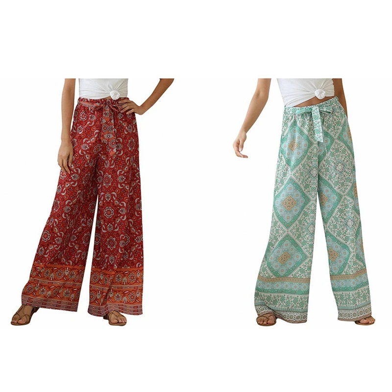 

2x Pants Women Floral Print Wide Leg Bohemian Pants Ladies Sashes Loose Rayon Boho Long Pants XXL Size Red & Green