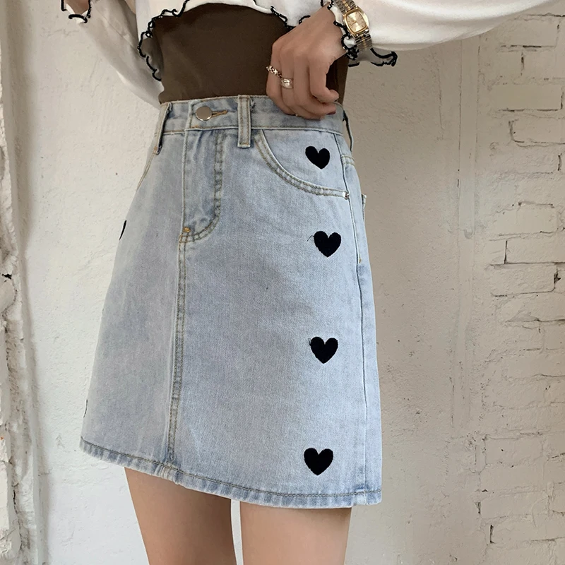 

Hzirip Summer Love Embroidery Fashion Gentle High-Waist Female Hot 2021 Casual Korean Thin New All-Match A-Line Denim Skirt