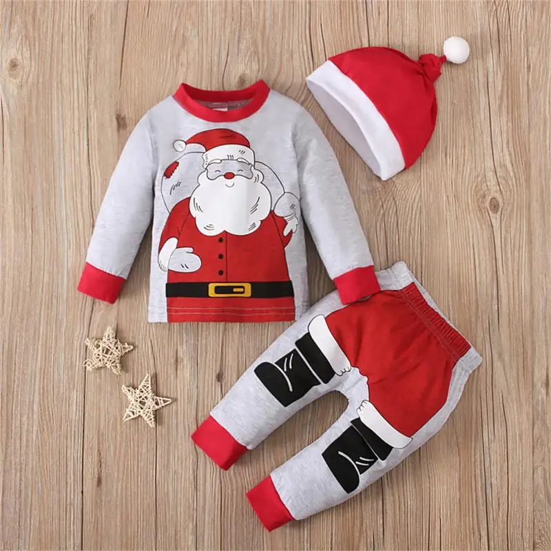 

3PCS Santa Clause Costume Suit Kids Clothes Girls Boys Christmas T-shirt Tops Xmas Pants Hat Outfits Set Newborn Infant 0-3Y