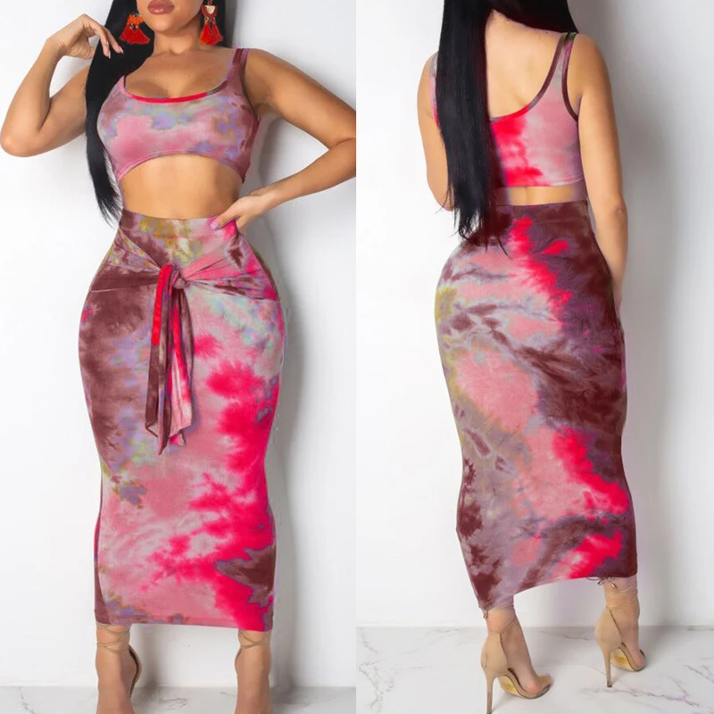 

Summer 2020 Women Tie Dye Printed Two Pieces Dress Set Outfits Casual Crop Top and Skrits Set