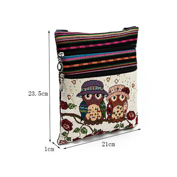 Fashion Ethnic Style Women Messenger Bags Dual Zipped Cartoon Owl Embroidered Shopping Ladies Girls Shoulder Bag Best Sale-WT |
