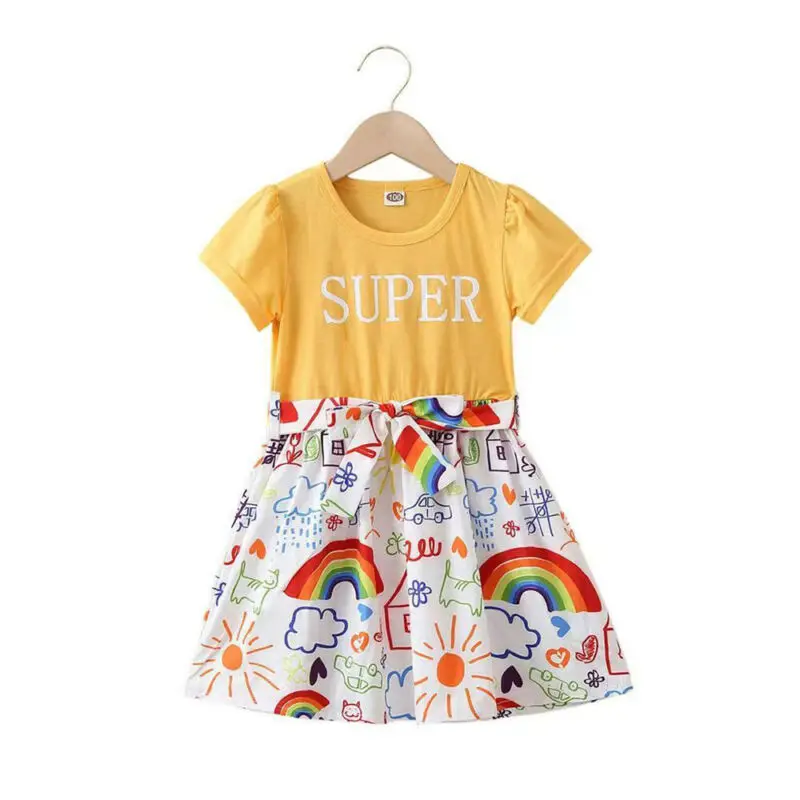 

Kids Girls Short Sleeve Crew Neck T Shirt Stitching Printed Summer Casual A-line Swing Dresses