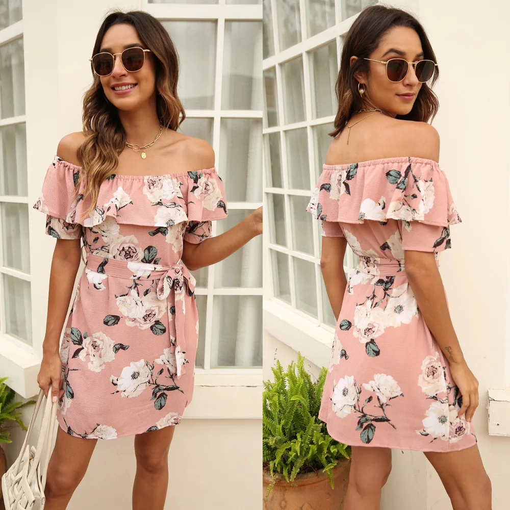 

French retro 2021Spring and Summer new women's slim off-shoulder printed midi dress