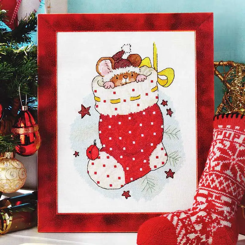 

"Christmas socks mouse" cartoon Counted cross stitch kit 14ct 11ct printed fabric embroidery DIY needlework High Quality FishXX