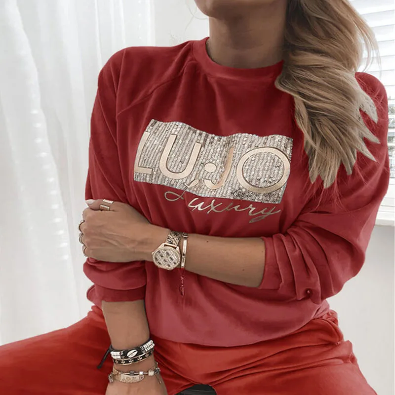 

Winter Warm Velvet Sweatshirt Women Autumn Casual Long Sleeve O Neck Pullover Female Elegant Sequin Letter Print Top Hoodie