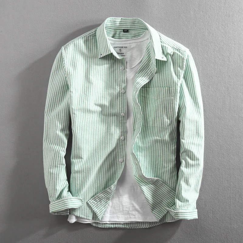 

2021 long sleeve striped Oxford pure cotton turn down collar Yarn-dyed spring casual shirts men green gray red blue