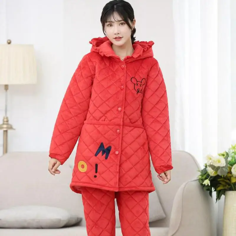 Women Autumn Winter New Thick Flannel Pajamas Set With Cotton Warm Female Hooded Nightclothes Coral Velvet Loose Casual Suit